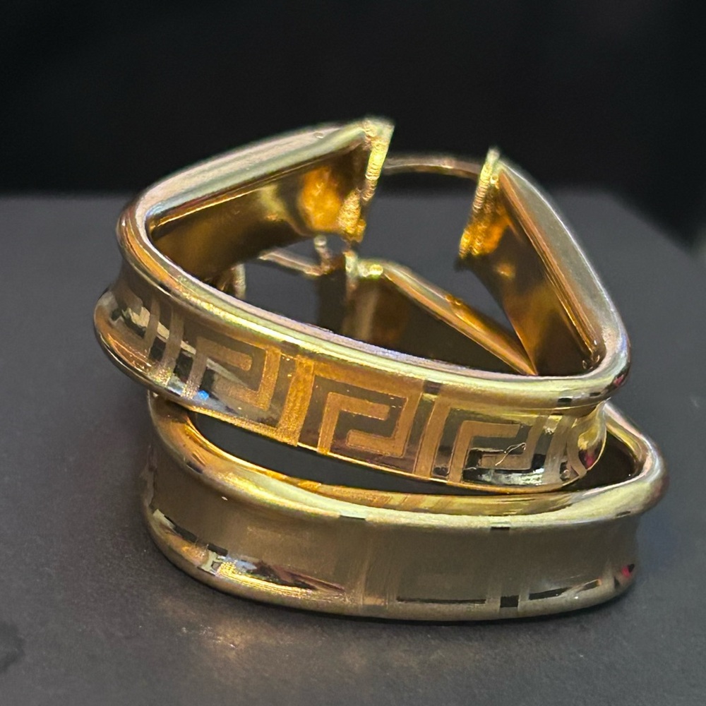 Greek Key Meander Pattern Gold Hoops - Picture 5 of 16